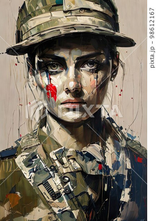 Portrait of a female soldier in military uniform. Abstract oil painting. Created with generative AI 98612167
