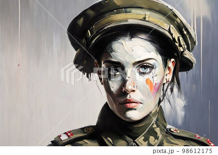 Portrait of a female soldier in military uniform. Abstract oil painting. Created with generative AI 98612175