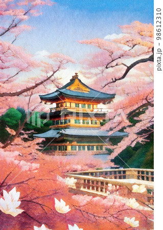 満開の桜に包まれた寺・神社の景色のイラスト素材 [98612310] - PIXTA