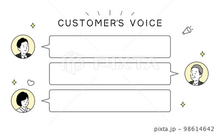 お客様の声のテンプレートデザイン1、ふきだしと人物のイラスト、白バック、ベクター 98614642