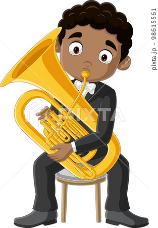 Cartoon little boy playing a trombone 98615561