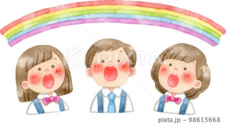歌を歌う子供たちと虹の水彩イラスト(テキスト素材) 98615668