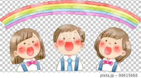 歌を歌う子供たちと虹の水彩イラスト(テキスト素材) 98615668