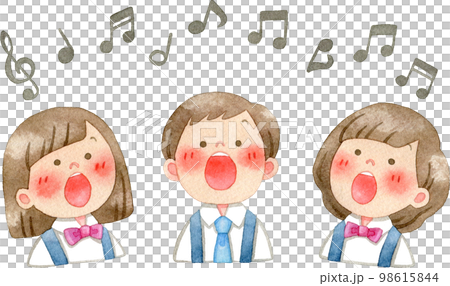 歌を歌う子供たちと音符の水彩イラスト 98615844