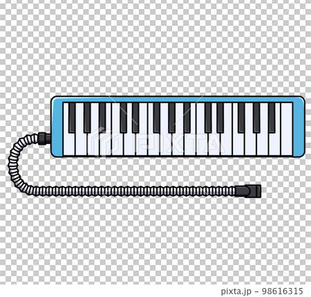 Illustration of the front of a keyboard harmonica with a hose 98616315