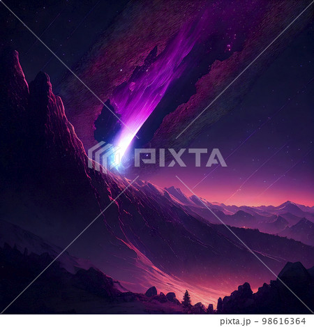 山や谷の上の夜空を横切る彗星「AI生成画像」 山や谷の上の夜空を横切る彗星「AI生成画像」 98616364