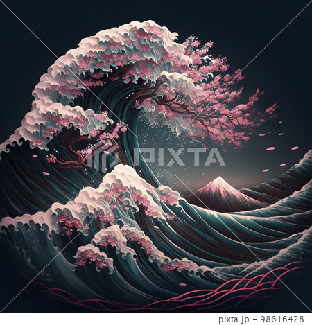 浮世絵 葛飾北斎 波 桜「AI生成画像」のイラスト素材 [98616428] - PIXTA