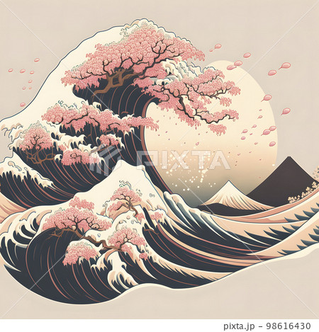 浮世絵 葛飾北斎 波 桜「AI生成画像」のイラスト素材 [98616430 浮世絵 葛飾北斎 波 桜「AI生成画像」のイラスト素材 [98616430