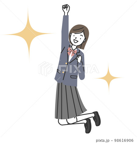 ガッツポーズをしてジャンプする女子学生 98616906
