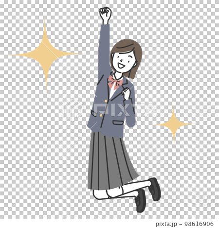 ガッツポーズをしてジャンプする女子学生 98616906