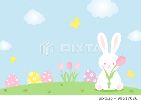 うさぎとイースターエッグと花の背景イラスト 98617026