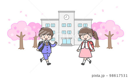 入学式 学校に向かう新一年生の男の子と女の子 入学式 学校に向かう新一年生の男の子と女の子 98617531