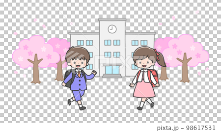 入学式 学校に向かう新一年生の男の子と女の子 入学式 学校に向かう新一年生の男の子と女の子 98617531
