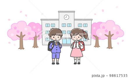 入学式 校舎の前に立つ新一年生の男の子と女の子 入学式 校舎の前に立つ新一年生の男の子と女の子 98617535