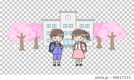 入学式 校舎の前に立つ新一年生の男の子と女の子 入学式 校舎の前に立つ新一年生の男の子と女の子 98617535
