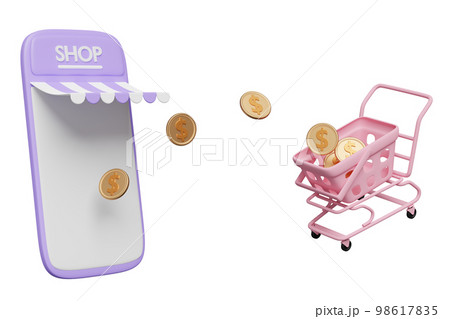 3d purple mobile phone, smartphone with store front, shopping cart, basket, coins isolated. online shopping, minimal concept, 3d render illustration 98617835