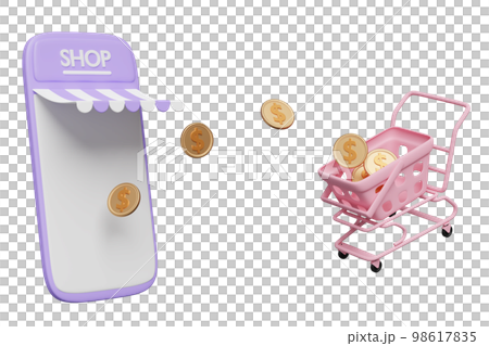 3d purple mobile phone, smartphone with store front, shopping cart, basket, coins isolated. online shopping, minimal concept, 3d render illustration 98617835