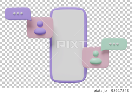 3d social media with mobile phone, smartphone icons, chat bubbles, people isolated. online social, communication applications, template concept, 3d render illustration 98617848