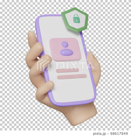 3d social media with hand hold mobile phone, smartphone, shield icons, people isolated. Internet security, privacy protection, ransomware protect, verify identity, 3d render 98617849