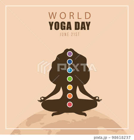 World yoga day poster. Female silhouette with chakras. June 21st. Banner, social media post or brochure design. Vector illustration in flat cartoon style 98618237