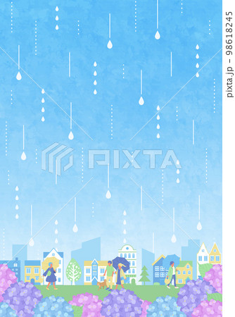 紫陽花と街並みと人々の梅雨のベクターイラスト背景 紫陽花と街並みと人々の梅雨のベクターイラスト背景 98618245
