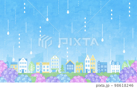 紫陽花と街並みの梅雨のベクターイラスト背景 98618246