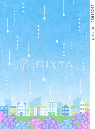 紫陽花と街並みの梅雨のベクターイラスト背景 紫陽花と街並みの梅雨のベクターイラスト背景 98618247