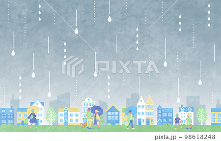 雨が降る街並みと人々のベクターイラスト背景 雨が降る街並みと人々のベクターイラスト背景 98618248