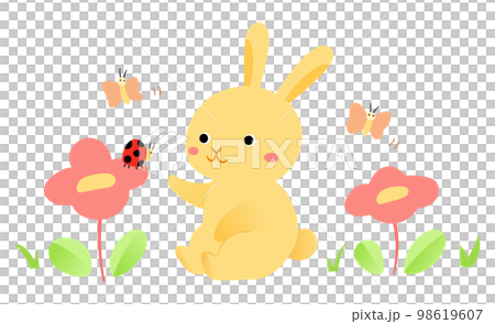 一隻兔子和一隻昆蟲的春天形象的可愛插圖 98619607