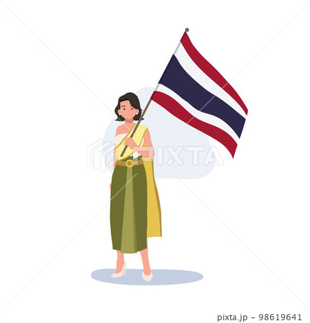 a woman in Thai traditional costume is holding the big Flag of Thailand in her hand. Full length Flat vector illustration