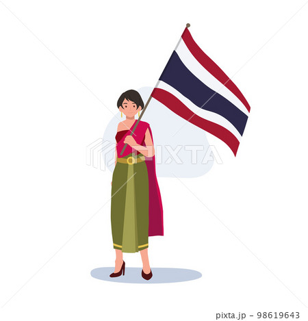 a woman in Thai traditional costume is holding the big Flag of Thailand in her hand. Full length Flat vector illustration