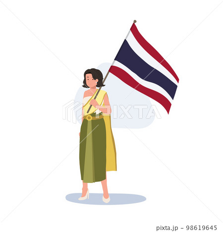 a woman in Thai traditional costume is holding the big Flag of Thailand in her hand. Full length Flat vector illustration