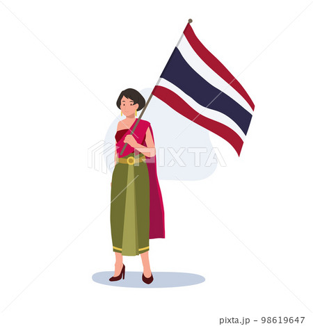 a woman in Thai traditional costume is holding the big Flag of Thailand in her hand. Full length Flat vector illustration