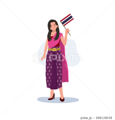 a woman in Thai traditional costume is holding the small Flag of Thailand in her hand. Full length Flat vector illustration