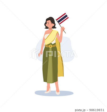 a woman in Thai traditional costume is holding the small Flag of Thailand in her hand. Full length Flat vector illustration