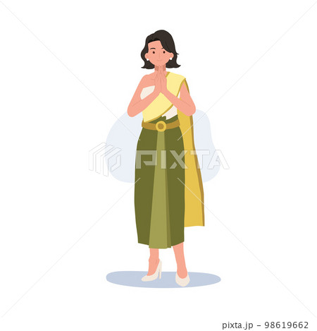 thai woman in Thai traditional costume, say hello Sawasdee. Thai people greeting "Sawasdee". Flat vector illustration thai woman in Thai traditional costume, say hello Sawasdee. Thai people greeting "Sawasdee". Flat vector illustration 98619662