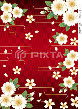 葉桜と雲の矢がすり背景タテ赤 98621222