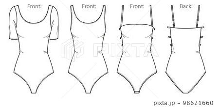 Vector woman body technical drawing, round neck top with cut outs fashion CAD, 3 pieces set blouse sketch, women T-Shirt drawing, flat. Jersey or woven fabric body with front, back view, white color 98621660