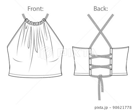 Vector woman halter neck blouse sketch, sleeveless tee fashion CAD, summer crop top technical sketch, female flat, template. Jersey or woven fabric blouse with front, back view, white color 98621778