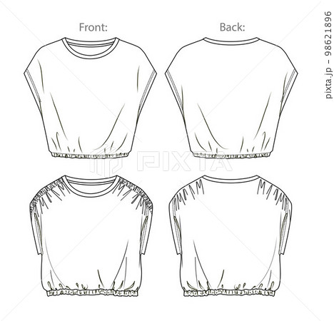 Vector drop shoulder T-Shirt with frills fashion CAD, woman sleeveless crop shirt technical drawing, sketch, template, flat, mock-up. Jersey or woven fabric 2 pcs top with front,back view, white color 98621896