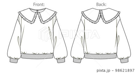 Vector long sleeved oversized top fashion CAD, woman boxy shape with collars and frill details sweatshirt technical drawing, template, mock up, flat. Fleece sweatshirt with front, back view, white col 98621897