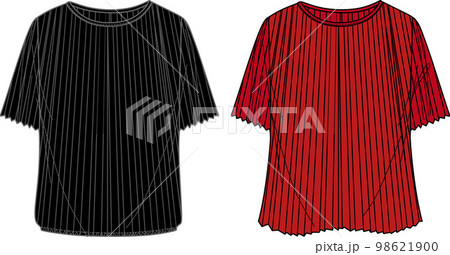 Vector short sleeved plisse T-Shirt fashion CAD, woman round neck blouse technical drawing, sketch, template, flat, mock-up. Jersey or woven fabric top with front, back view, white color 98621900