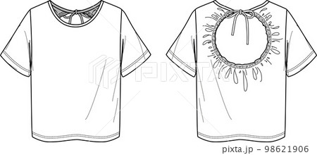 Vector short sleeved T-Shirt fashion CAD, woman round neck top with opened back detail technical drawing, template, flat, sketch. Jersey or woven fabric blouse with front, back view, white color 98621906