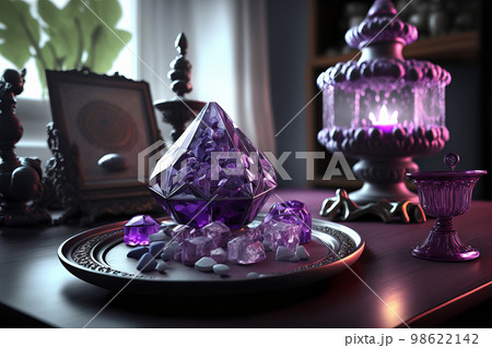 Magic purple gemstones for esoteric spiritual practice, Healing Crystal Ritual, Witchcraft, future predictions. Generative AI illustration Magic purple gemstones for esoteric spiritual practice, Healing Crystal Ritual, Witchcraft, future predictions. Generative AI illustration 98622142
