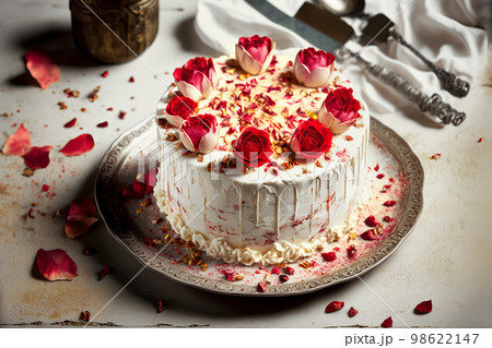 cake for St. Valentines Day, Mothers Day or Birthday, decorated with roses. Valentine's Day with love. Generative AI illustration 98622147