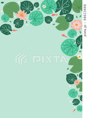 Lotus poster background vector. Water lily in pond, leaves, fish illustration. Asian floral banner nature design. Lotus poster background vector. Water lily in pond, leaves, fish illustration. Asian floral banner nature design. 98623666
