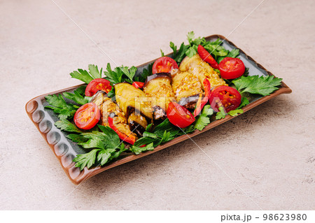 Rolls of eggplant with cheese, pepper and dill 98623980