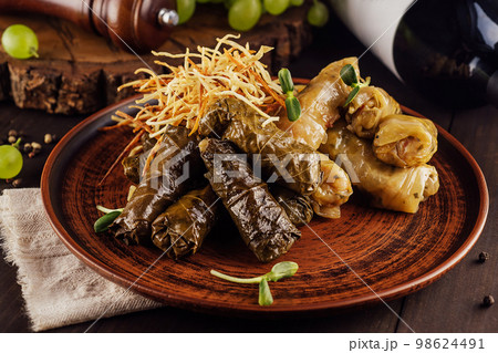dolma cabbage rolls grape leaves filling close up 98624491