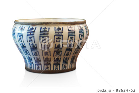 old and dirty white and blue ceramic pot on white background, object, decor, gift, vintage, copy space 98624752