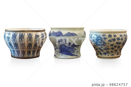 three antique white and blue ceramic pot on white background, object, decor, vintage, banner, template, copy space three antique white and blue ceramic pot on white background, object, decor, vintage, banner, template, copy space 98624757